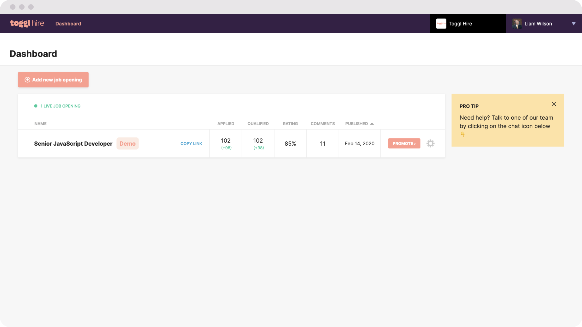 dashboard view on toggl hire workspaces