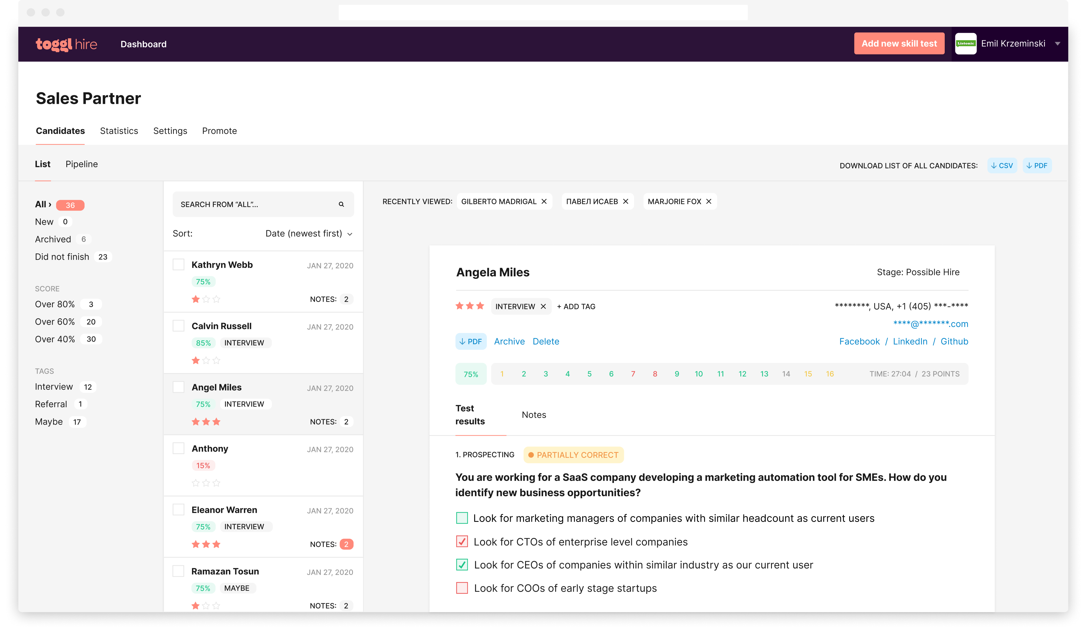 screenshot of Listonic candidate view on Toggl Hire