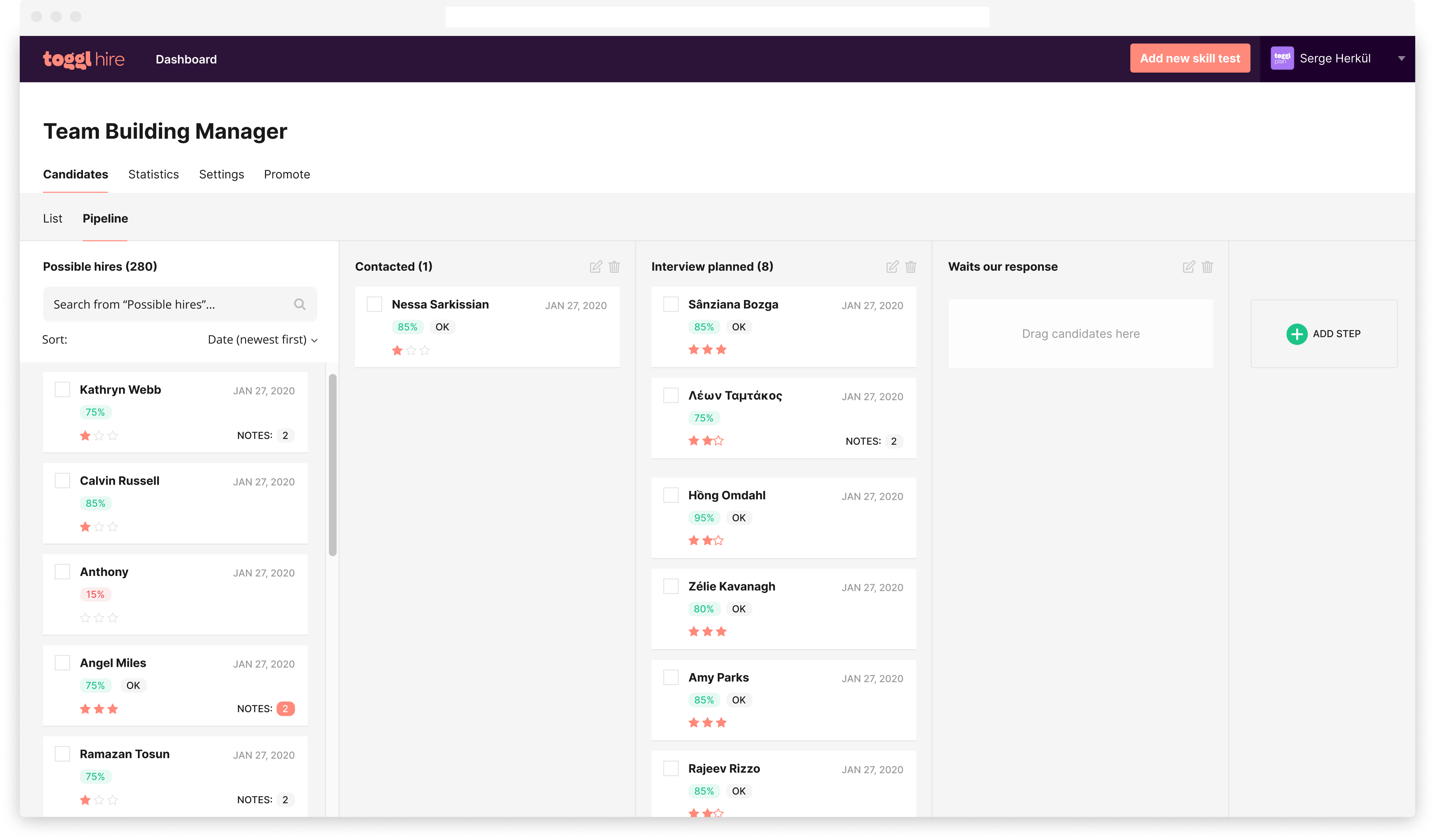 screenshot of pipeline view on Toggl Hire