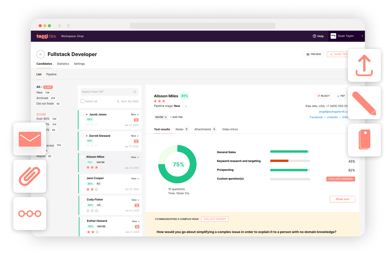 user interface on toggl hire for candidate management