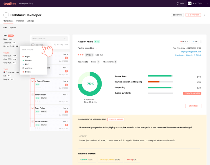 screenshot of user interface for bulk actions on toggl hire