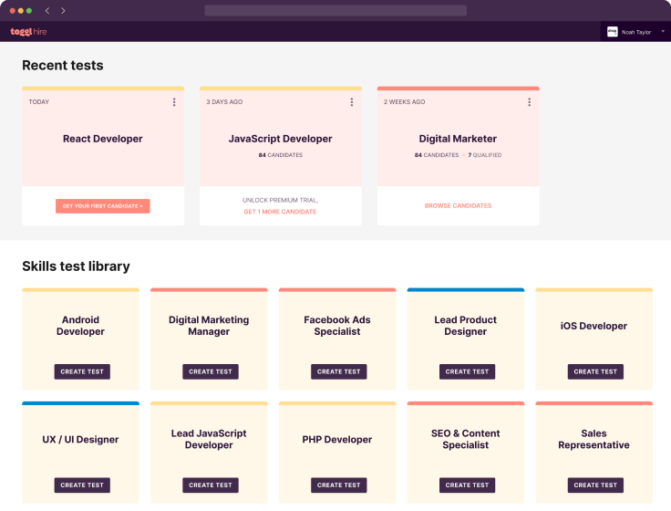 screenshot of skill test question library on toggl hire