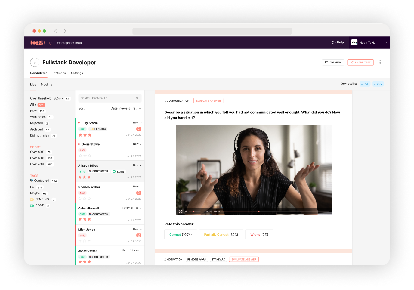 async video interview user interface on toggl hire