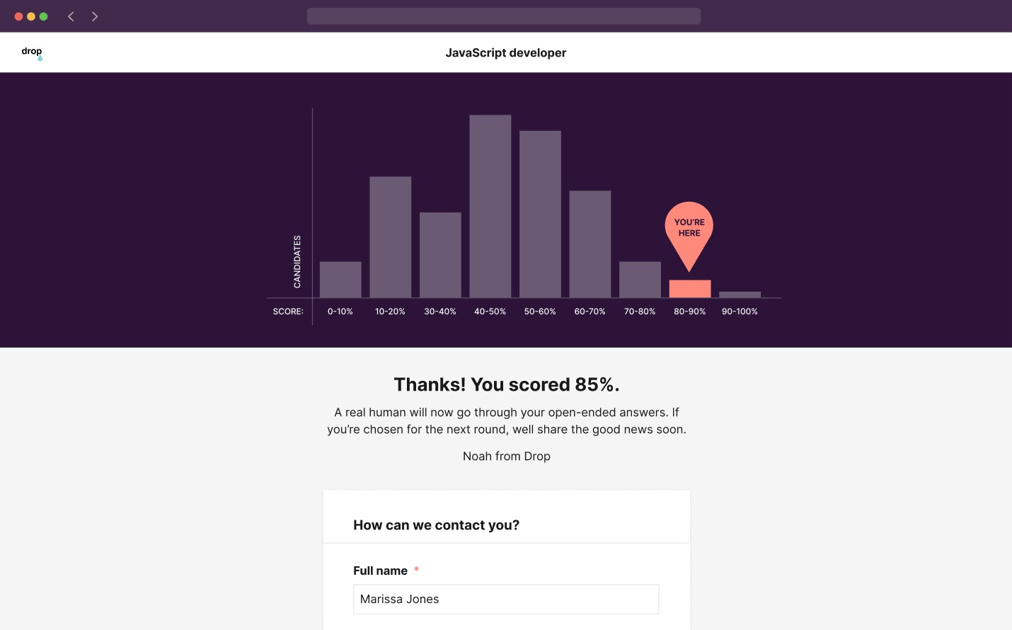 test results for instant candidate feedback on Toggl Hire