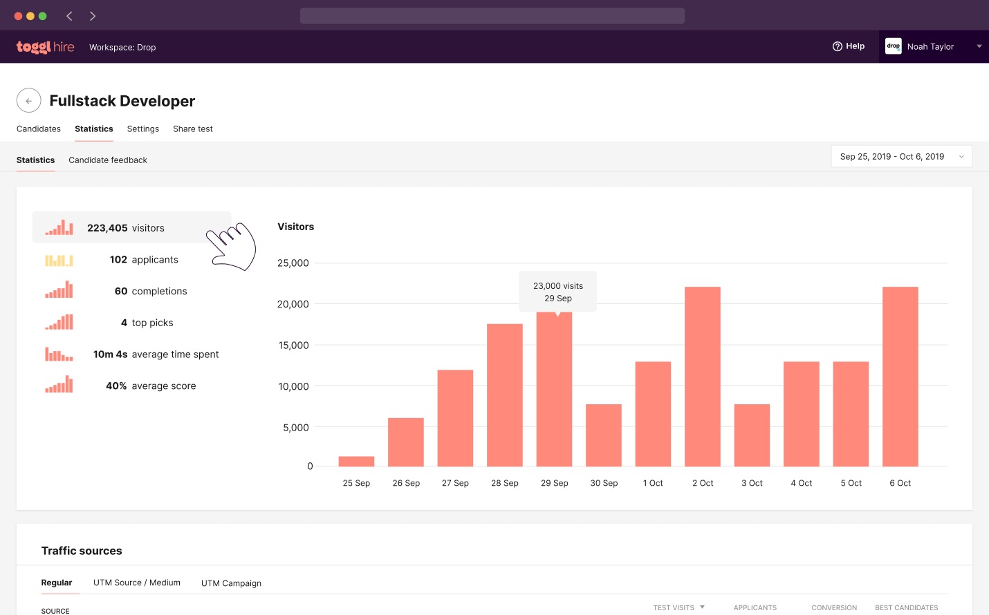 Analytics reports showing candidate sources on Toggl Hire 