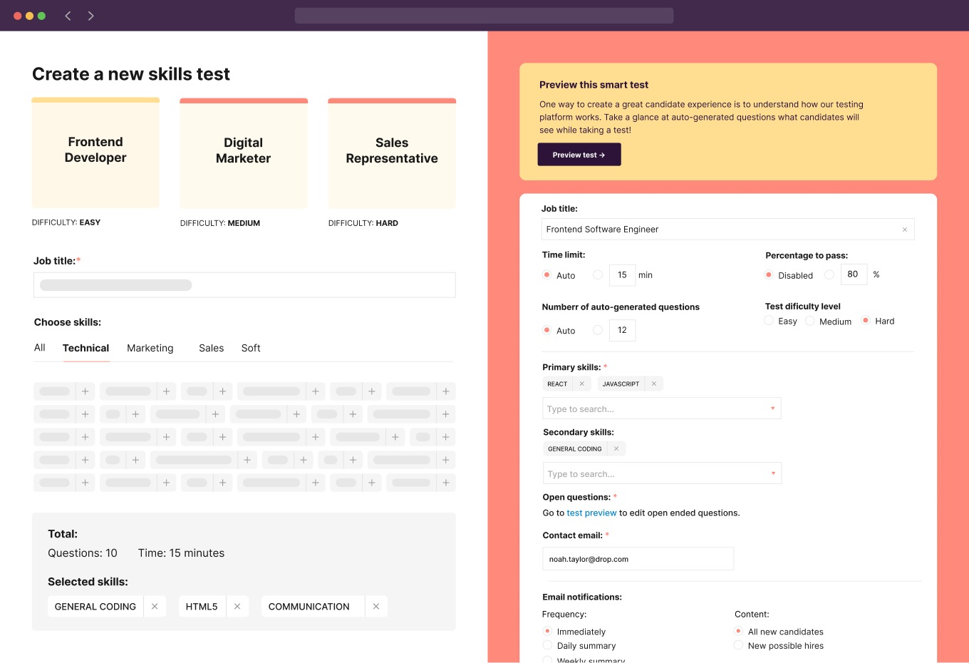 custom skills test builder on Toggl Hire UI
