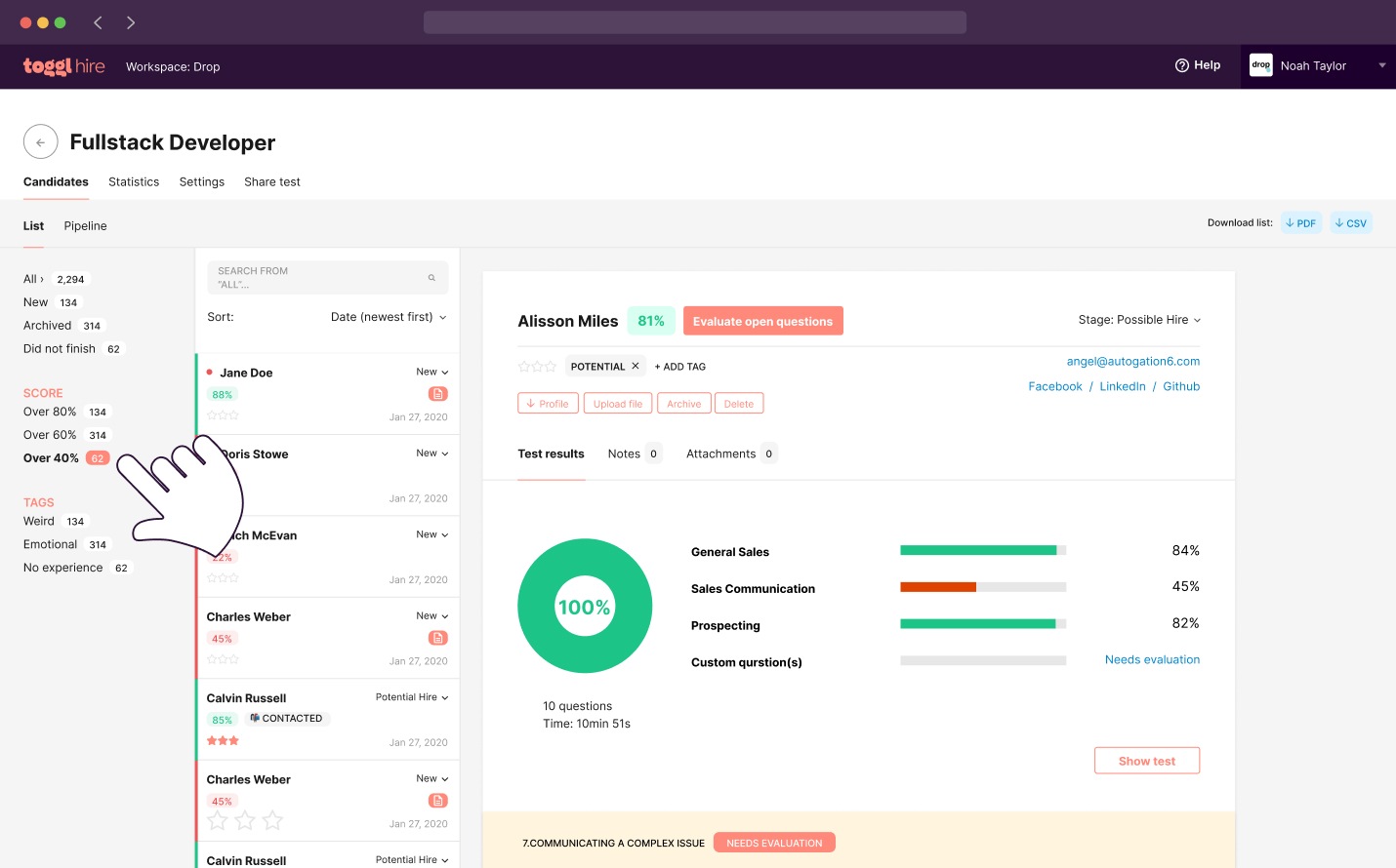 easy filtering functionality on Toggl Hire pipeline view