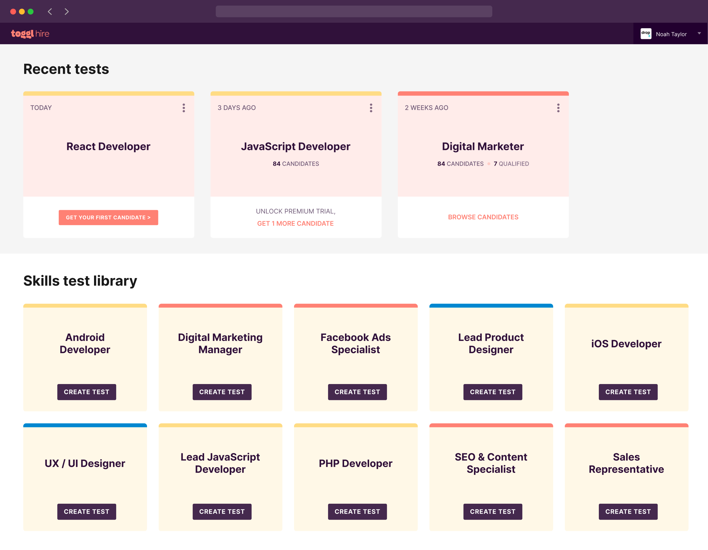 Toggl Hire product screenshot showing the test library with premade templates