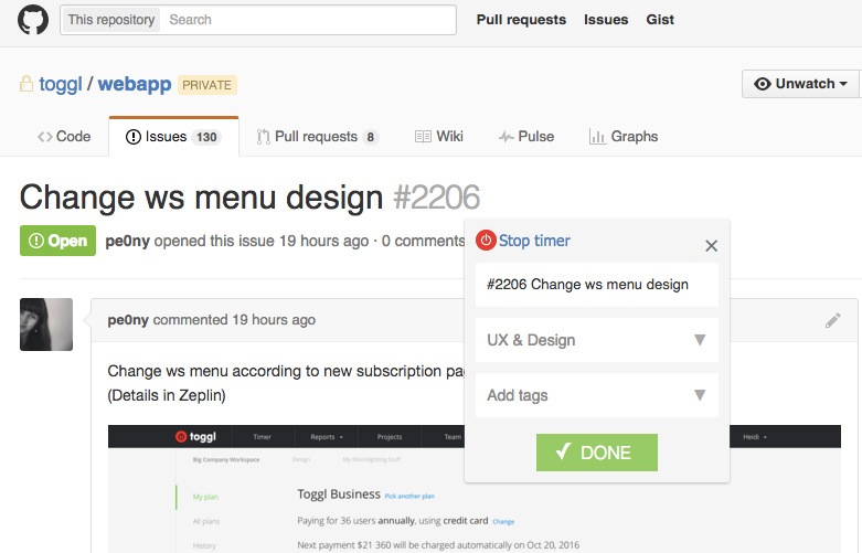 Toggl Track integration with GitHub