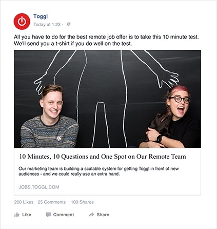 Toggl Track job ad on Facebook