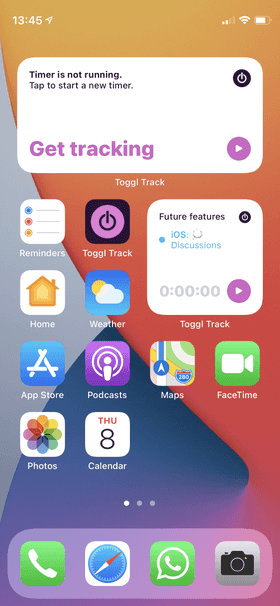 Screenshot of widgets with Toggl Track iOS app