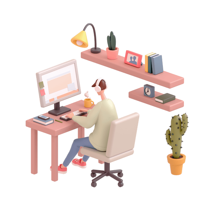 3D illustration of a person wearing headphones sitting at a desk in front of a desktop computer monitor working, surrounded by office accessories, including a shelf with a light, books, and a plant