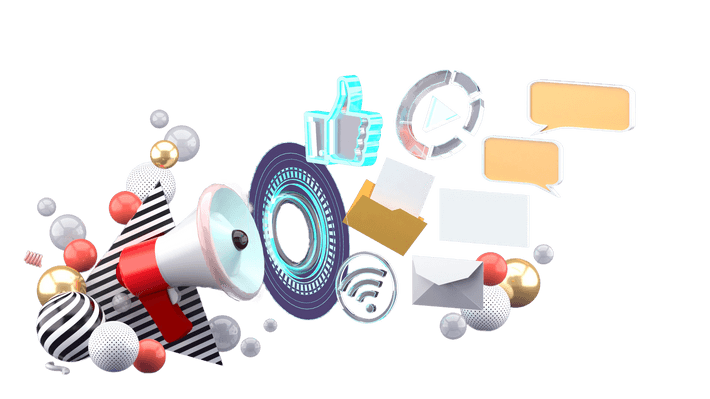 3D rendered illustration of a megaphone at the bottom left corner of a scene scattered with objects symbolizing work, such as a thumbs up for social media or an envelope for email 
