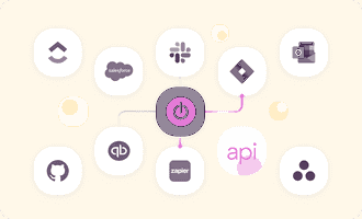 Illustration of the Toggl Track icon in the middle with connectors to multiple apps
