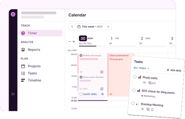 Different type of views, including Calendar — the most popular view in Toggl 2.0