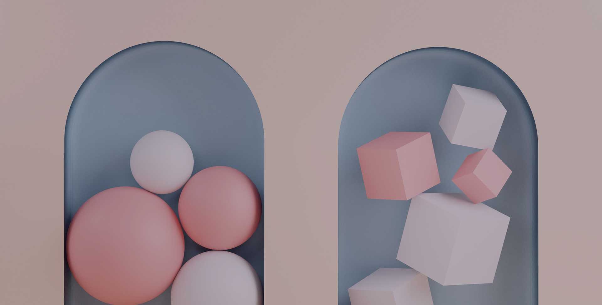 Abstract 3D rendering of two different compartments, one containing spheres and another containing cubes, representing different types of activities