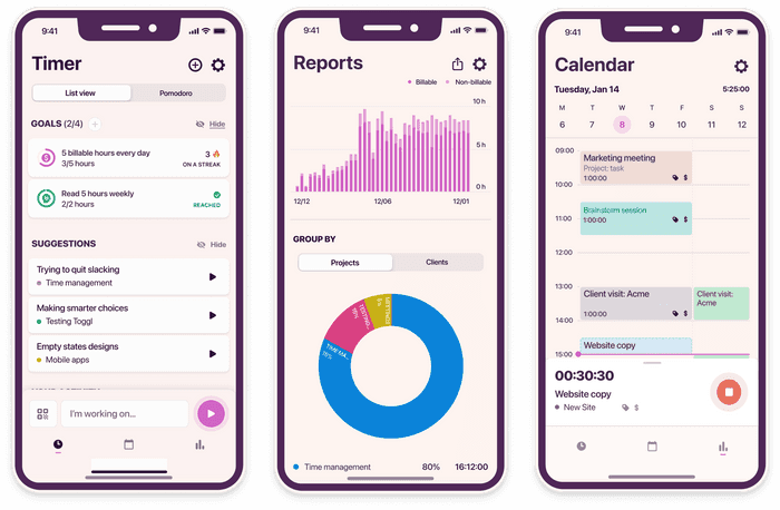 Toggl Track mobile apps screens
