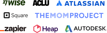 Company logos: Wise, ACLU, Atlassian, Square, The Mom Project, Zapier, Heap Analytics, Autodesk