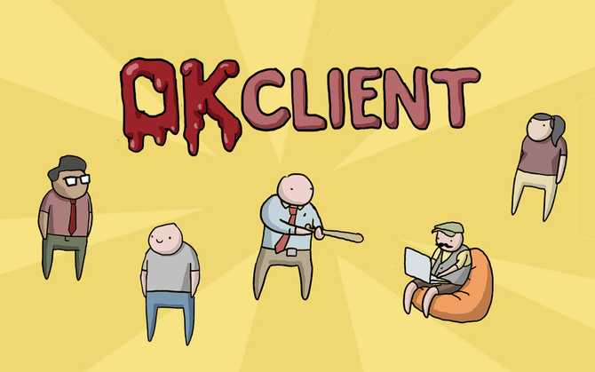 Illustration of multiple characters and the title 'OKClient'