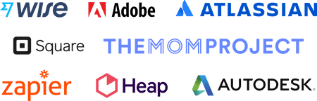 Company logos: Wise, Adobe, Atlassian, Square, The Mom Project, Zapier, Heap Analytics, Autodesk