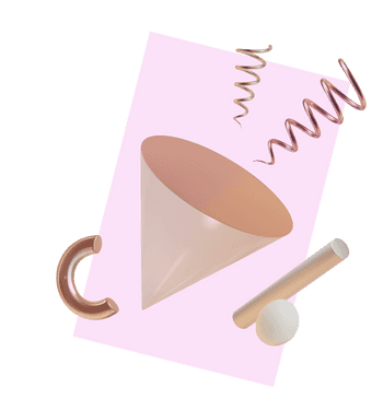 3D illustration of a metal cone with metal confetti coming out of it, surrounded by random shapes