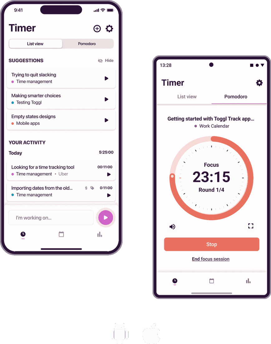 Screenshots of Toggl Track iOS and Android apps