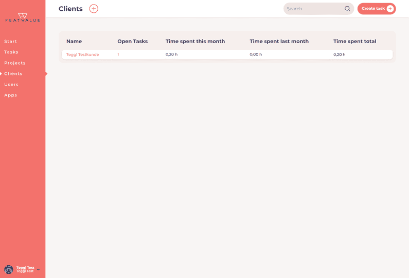 Screenshot of the FeatValue app that integrates with Toggl Track