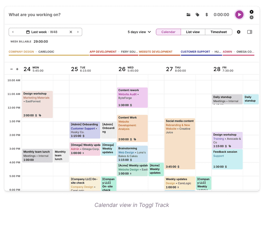 Calendar view in Toggl Track