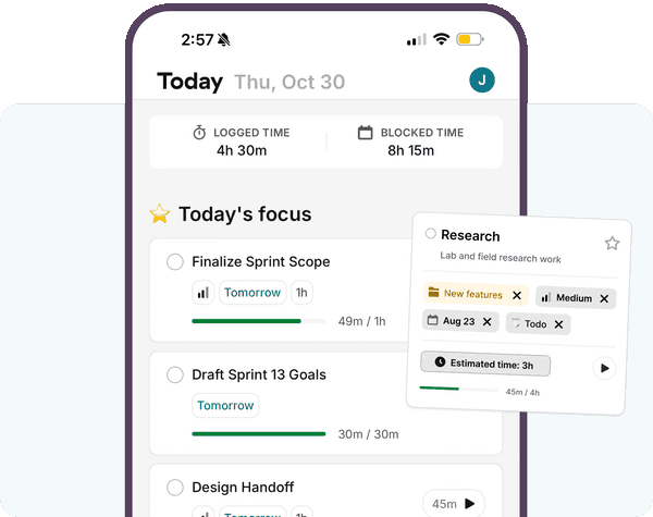 Toggl Focus mobile app with the "Today" list