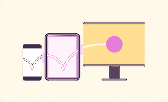 Illustration of a pink circle indicating Toggl Track bouncing from a mobile phone, to a tablet, to a desktop monitor