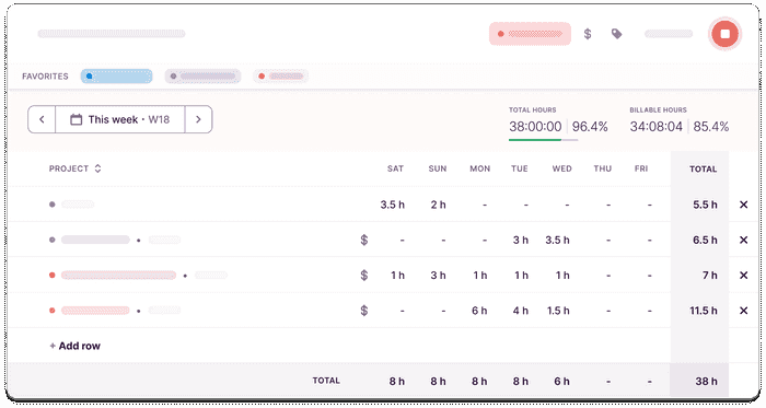 Screenshot of timesheet view in Toggl Track
