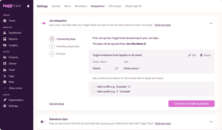 Screenshot of Jira integration in Toggl Track web app