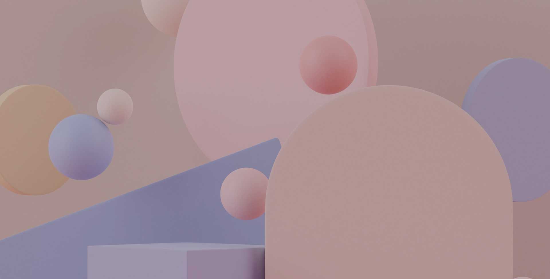 3D rendered image of various pastel pink and purple colored shapes against a beige background