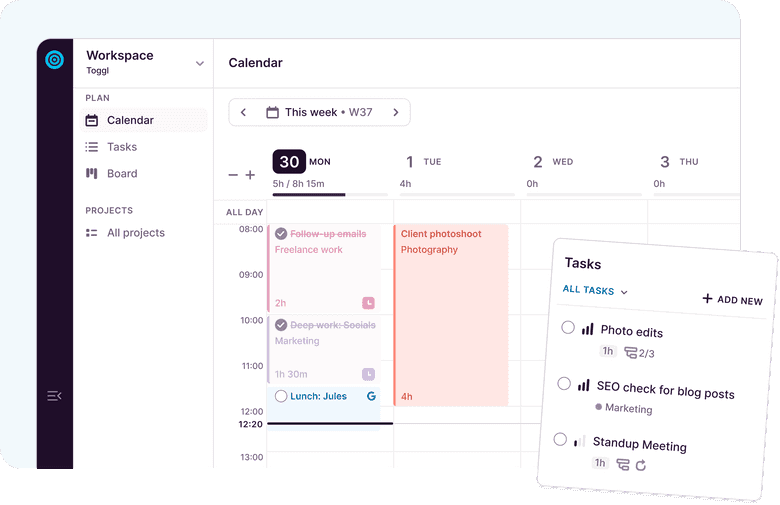 Screenshot of calendar view in Toggl Focus, showing other options such as board or list view