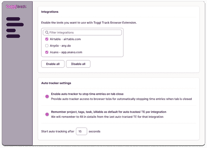 Screenshot of Auto tracker settings in Google Chrome