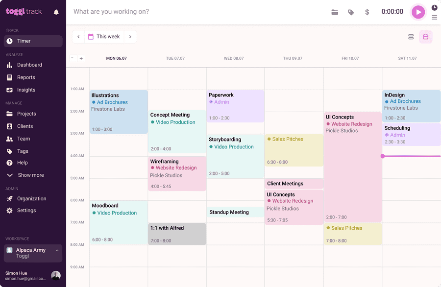 Toggl Track calendar view