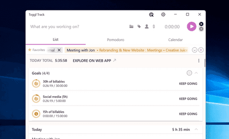 Snippet of the Toggl Track goals in Toggl Track Windows app