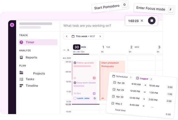 Screenshot of time tracking options in Toggl 2.0 with the calendar view