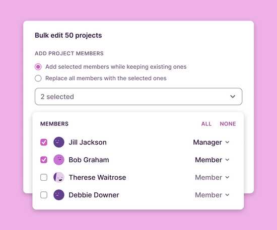 Screenshot of editing user level groups in bulk for projects in Toggl Track