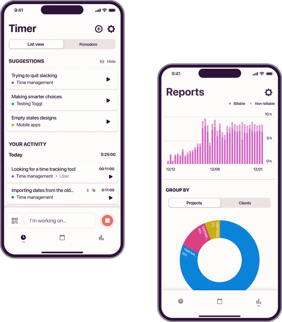 Screenshots of Toggl Track iOS app for iPhone and iPad