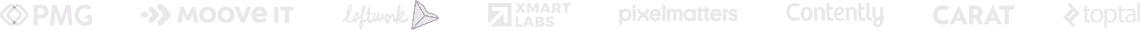 Company logos: PMG, Moove It, Loftwork, Xmart Labs, Pixelmatters, Contently, CARAT, Toptal