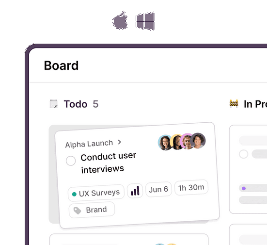 Screenshot of Toggl Focus desktop app showing Board view