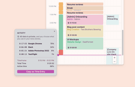 Snippet of the timeline feature with Toggl Track desktop app