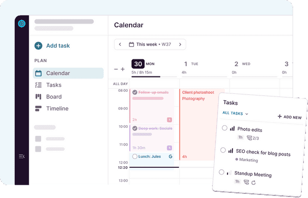 Different type of views, including Calendar — the most popular view in Toggl Focus