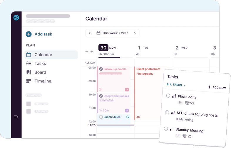 Different type of views, including Calendar — the most popular view in Toggl Focus