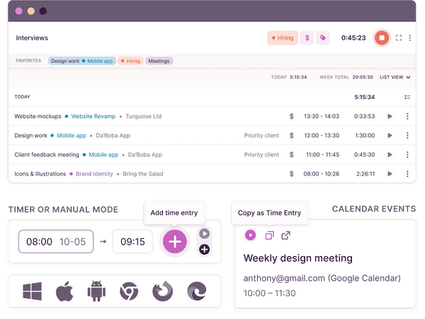 Screenshot of timer modes in Toggl Track