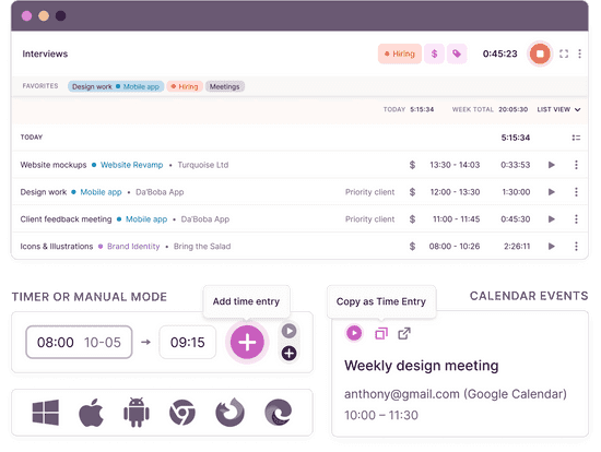 Different time tracking modes in Toggl Track, including web, desktop, mobile, and browser extensions