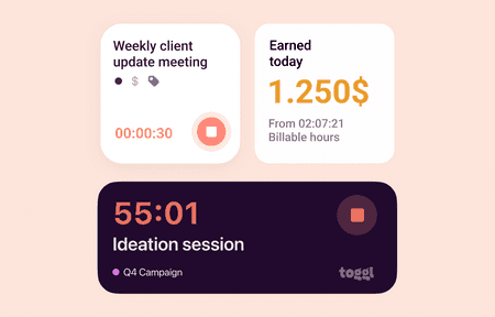 Examples of widgets and the live activity feature for Toggl Track mobile apps
