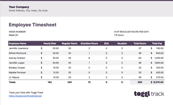 Screenshot of Employee timesheet templates