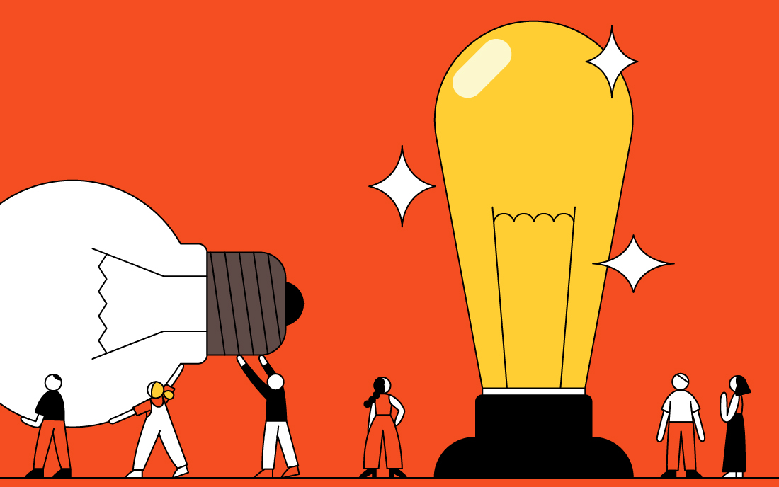 Illustration of team members carrying giant light bulbs